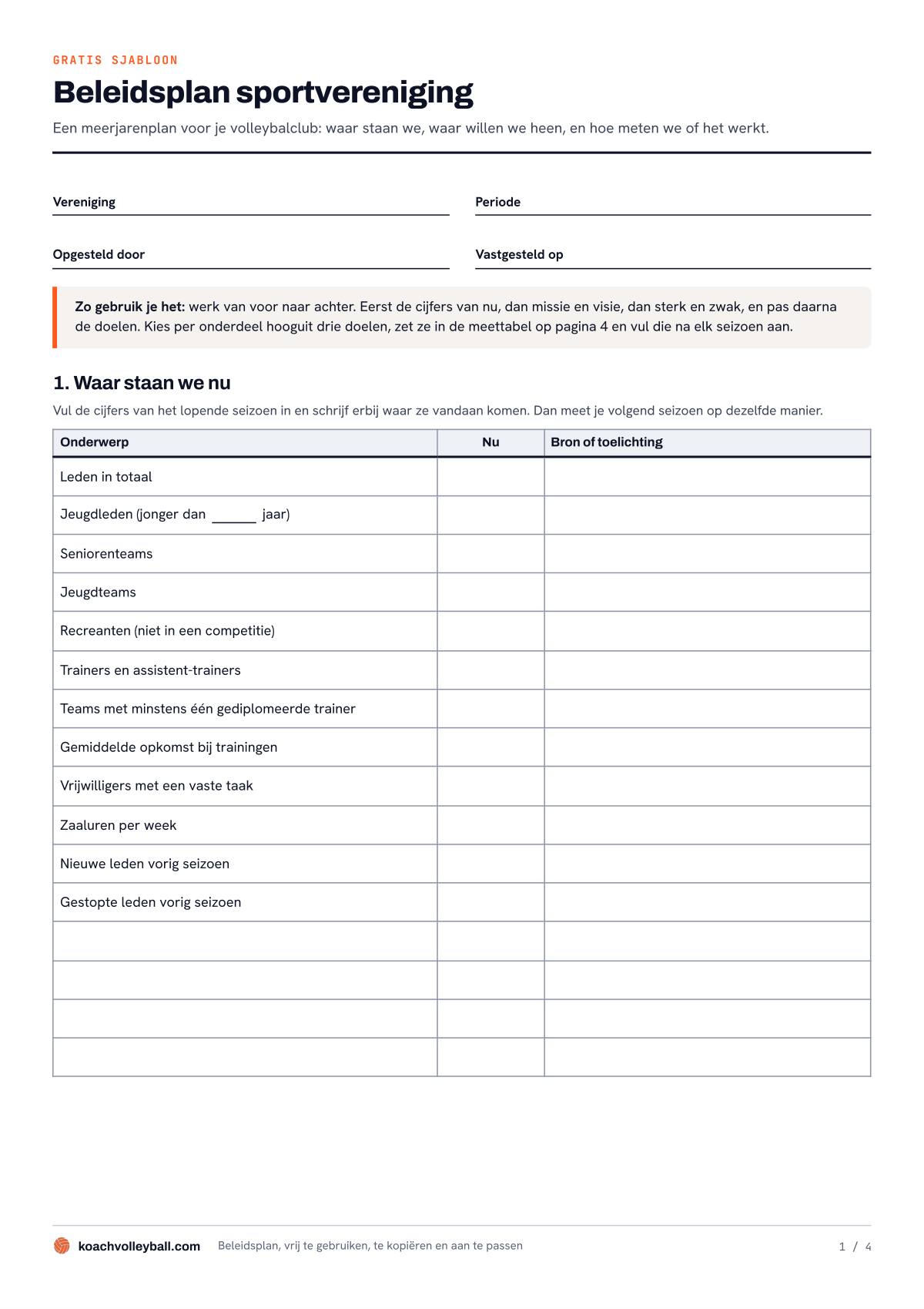 Eerste pagina van het sjabloon voor een beleidsplan: invulvelden voor vereniging en periode en de tabel Waar staan we nu