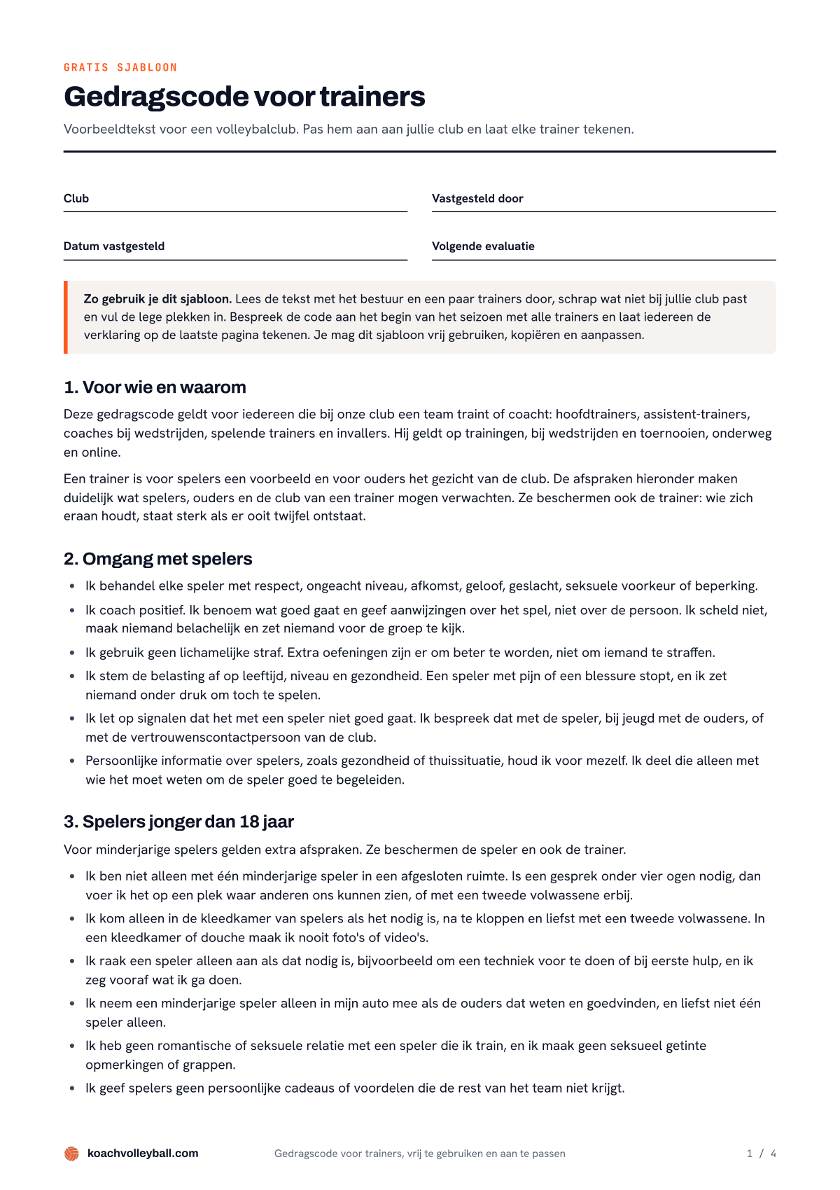 Pagina 1 van de gedragscode voor trainers: invulvelden voor club en datum, een gebruikstip en de eerste drie onderdelen