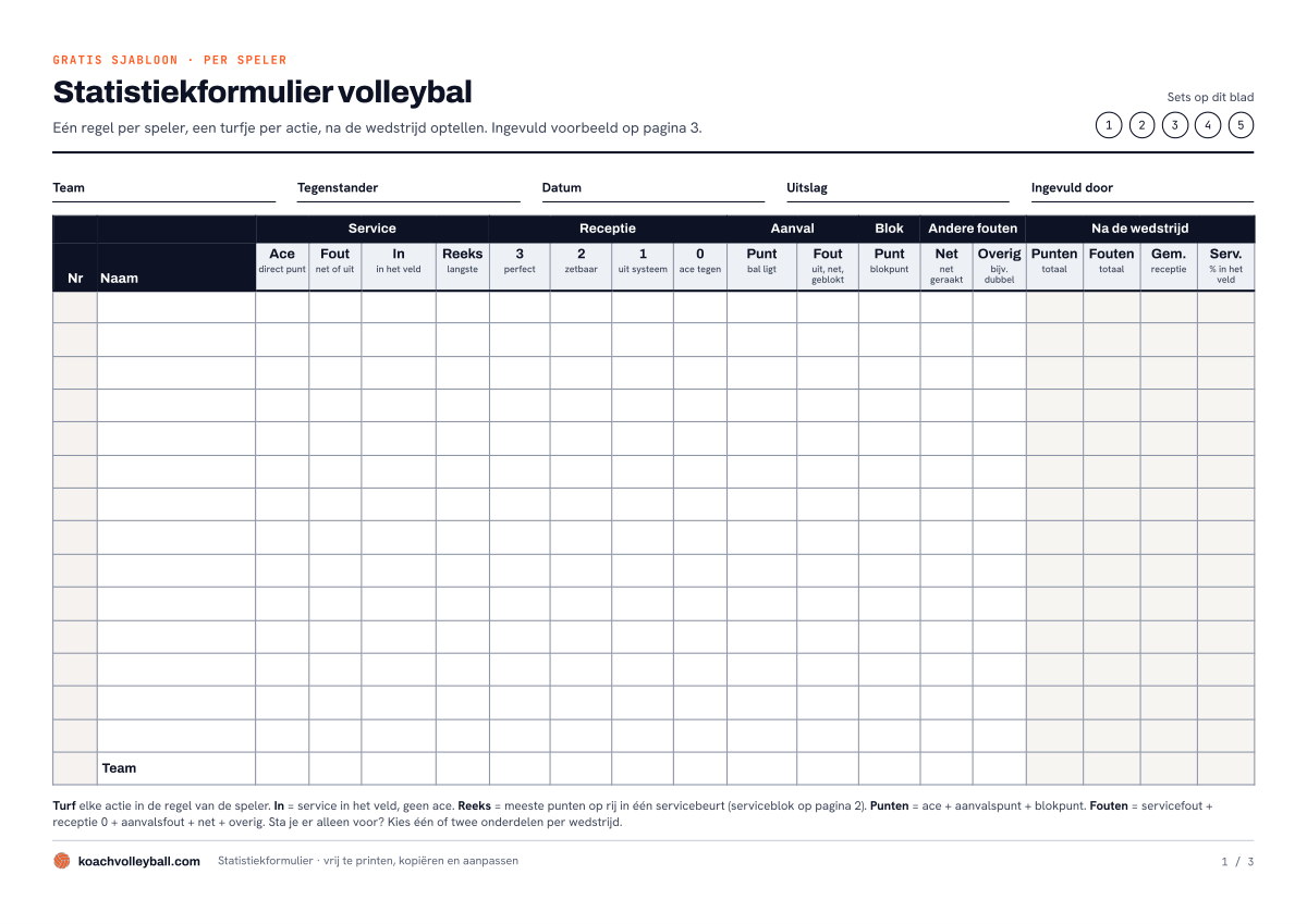 Voorbeeld van het statistiekformulier volleybal: per speler kolommen voor service, receptie 0 tot 3, aanval, blok en fouten