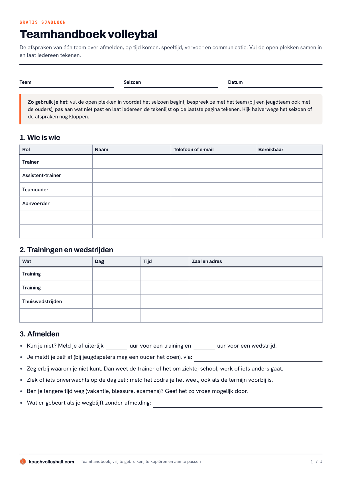 Eerste pagina van het teamhandboek: team en seizoen, een tabel wie is wie, trainingstijden en de afspraken over afmelden