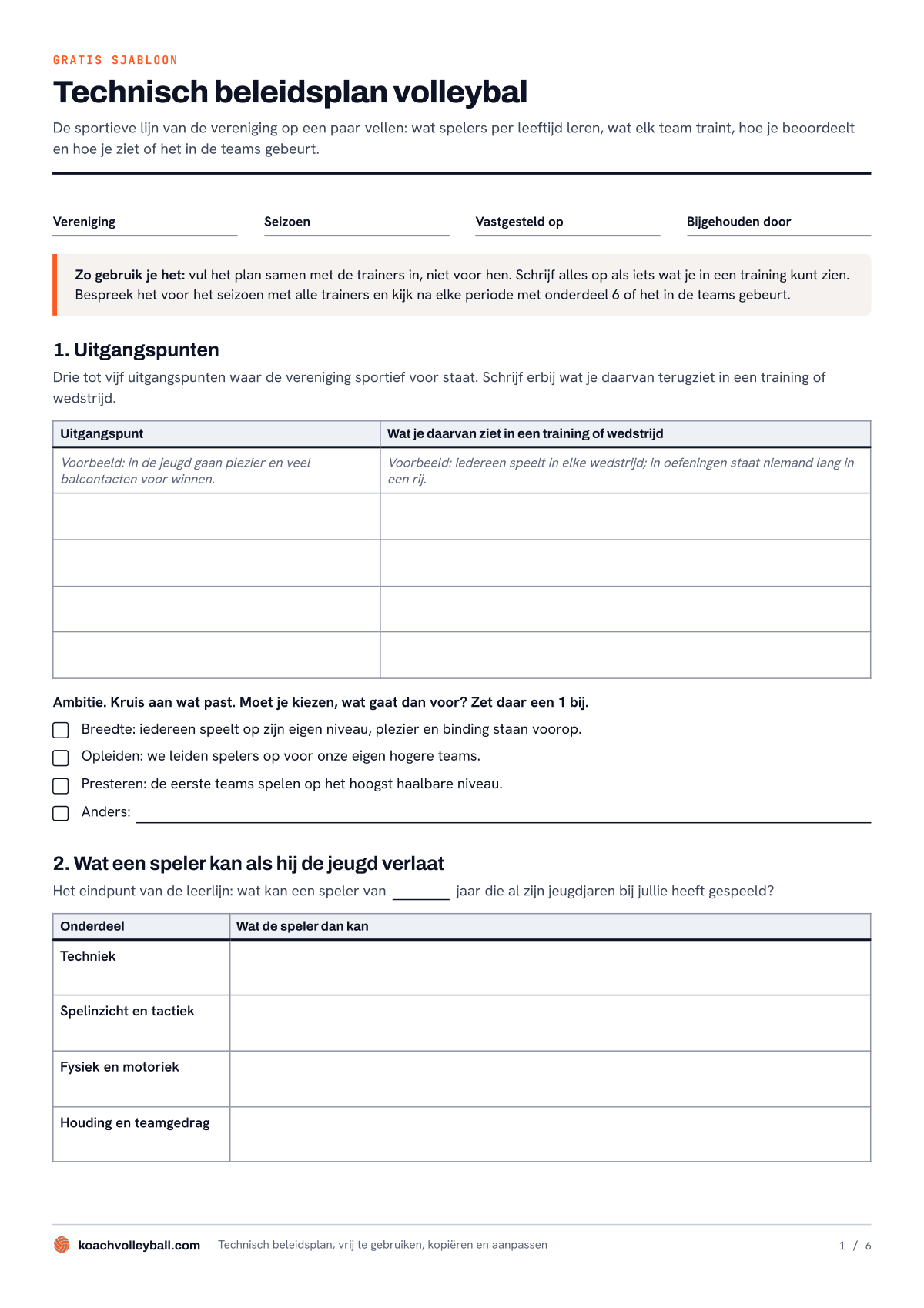 Eerste pagina van het sjabloon technisch beleidsplan volleybal met de uitgangspunten, de ambitie en het eindpunt van de jeugd