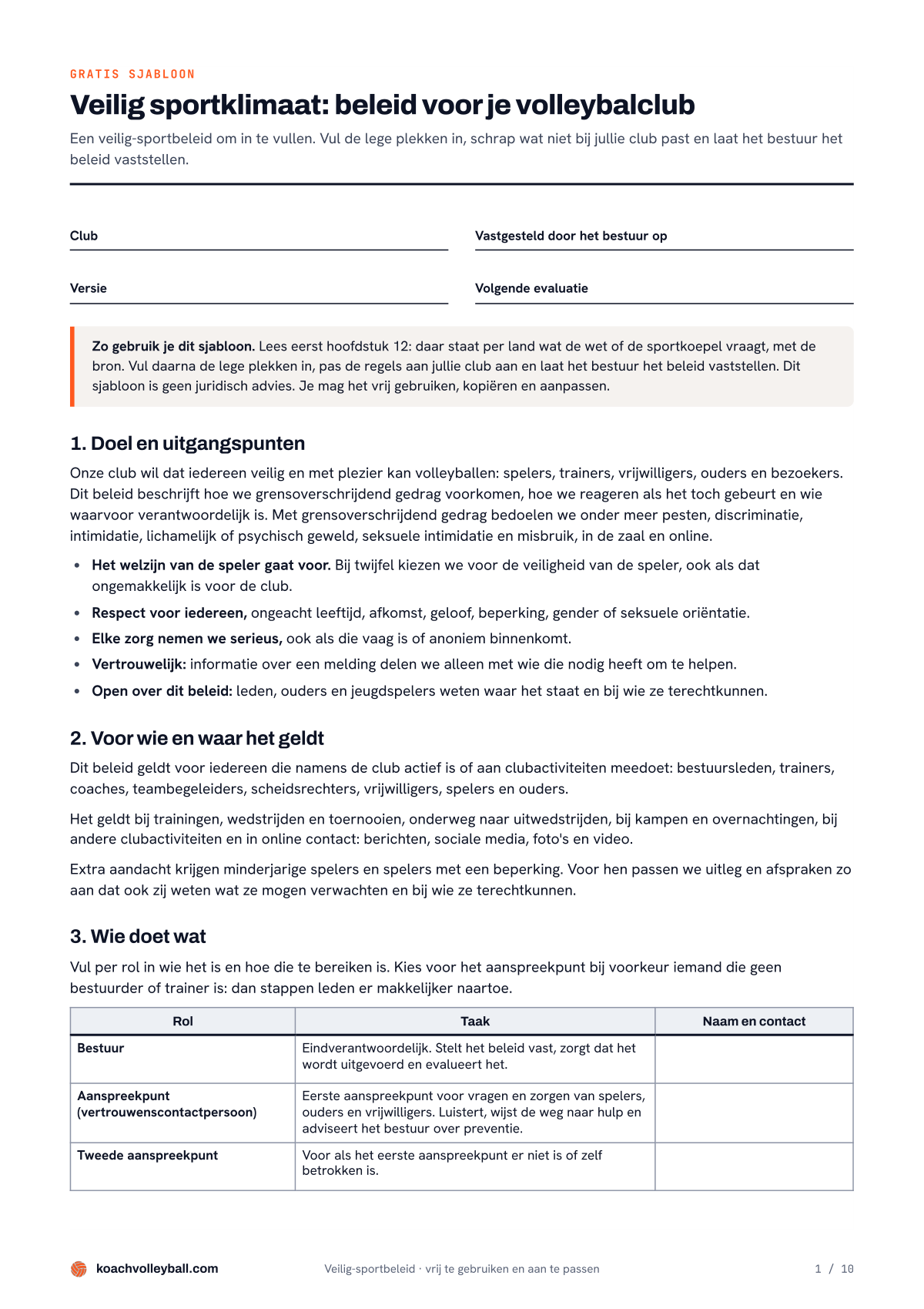 Eerste pagina van het sjabloon voor een veilig sportklimaat in de volleybalclub, met invulvelden en de hoofdstukken 1 tot 3