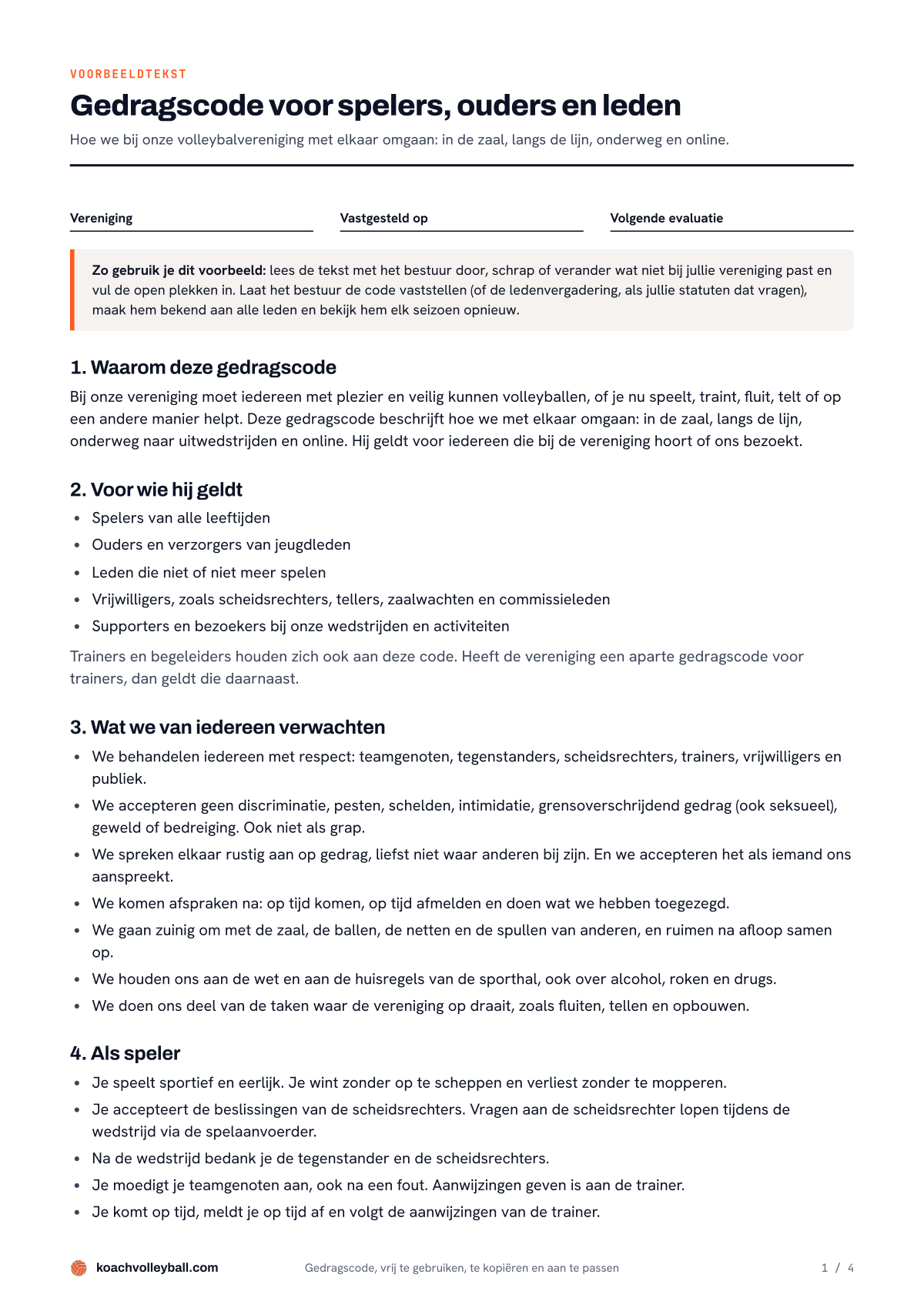 Pagina 1 van het voorbeeld gedragscode sportvereniging: invulvelden, een gebruikstip en de onderdelen 1 tot 4