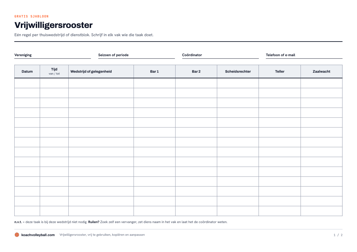 Voorbeeld van het vrijwilligersrooster om te printen, met kolommen voor datum, tijd, wedstrijd, bar, scheidsrechter, teller en zaalwacht