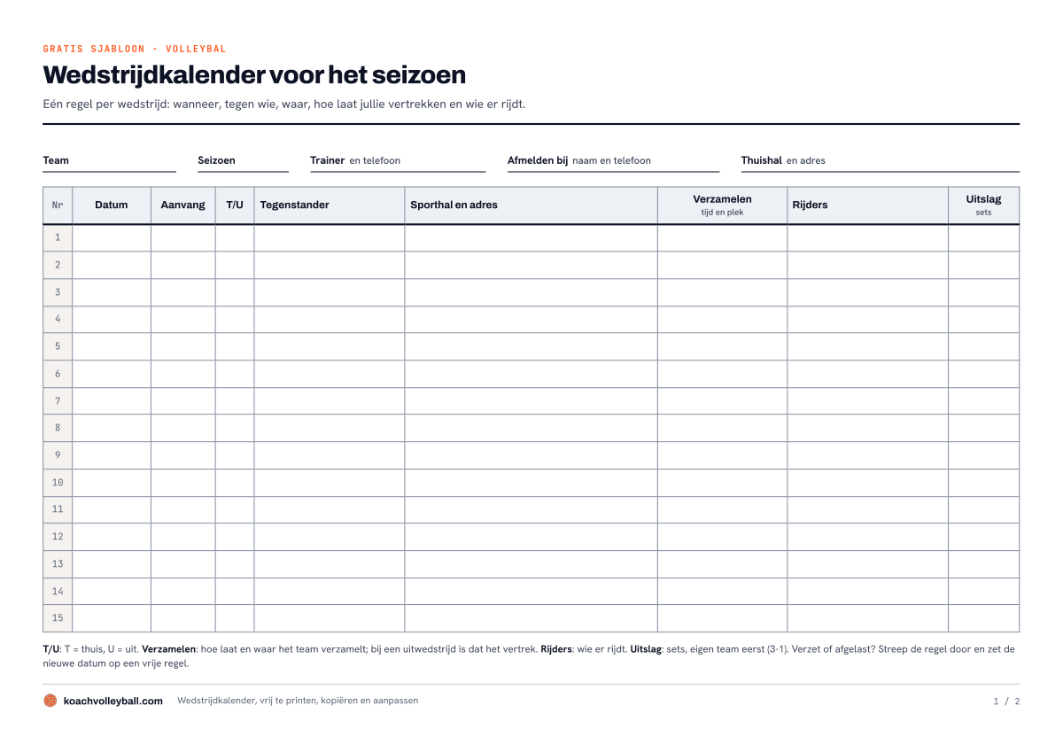 Voorbeeld van de wedstrijdkalender als PDF: velden voor team, seizoen, trainer en thuishal, en vijftien lege wedstrijdregels