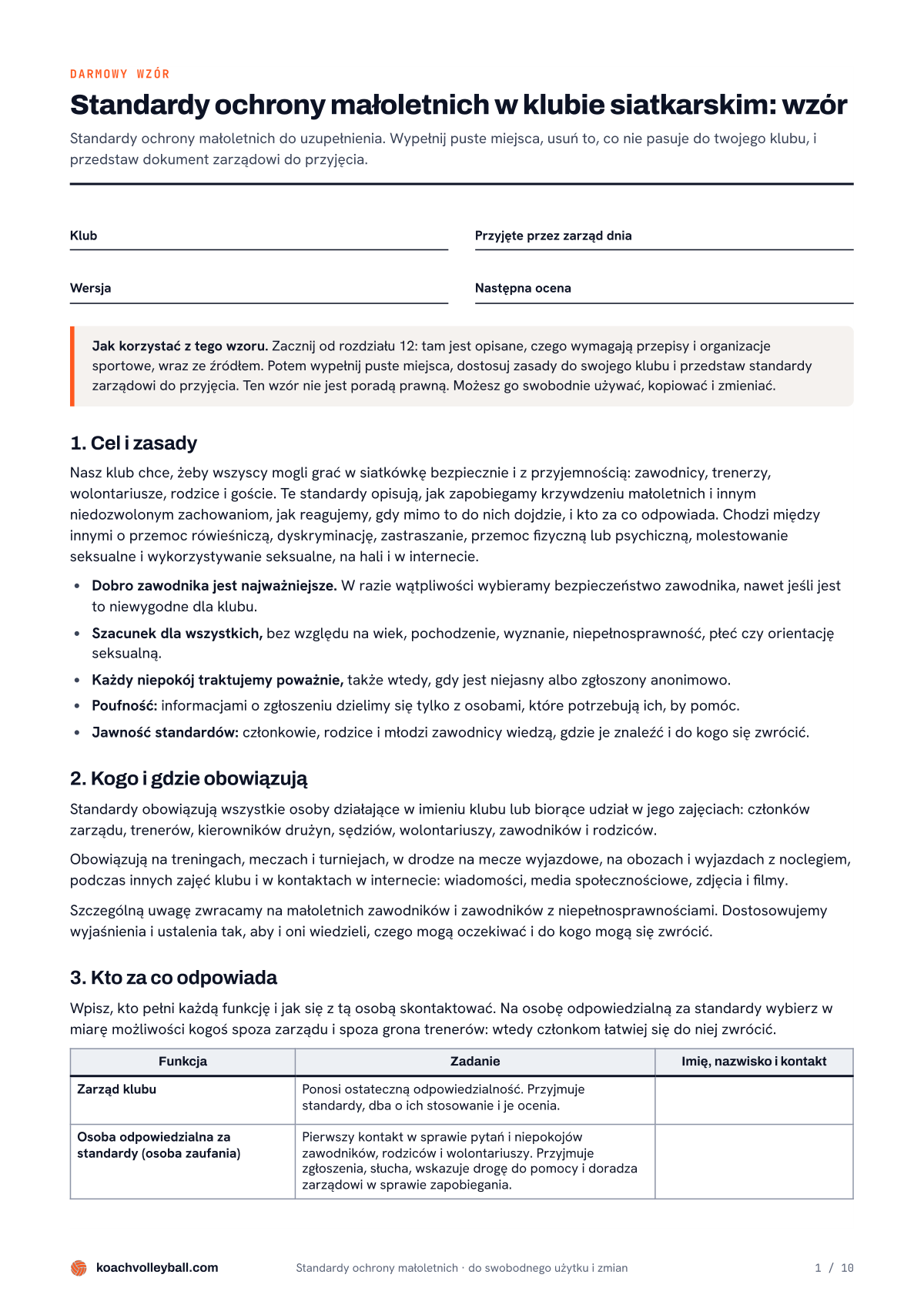 Pierwsza strona wzoru standardów ochrony małoletnich dla klubu siatkarskiego, z polami do wypełnienia i rozdziałami od 1 do 3