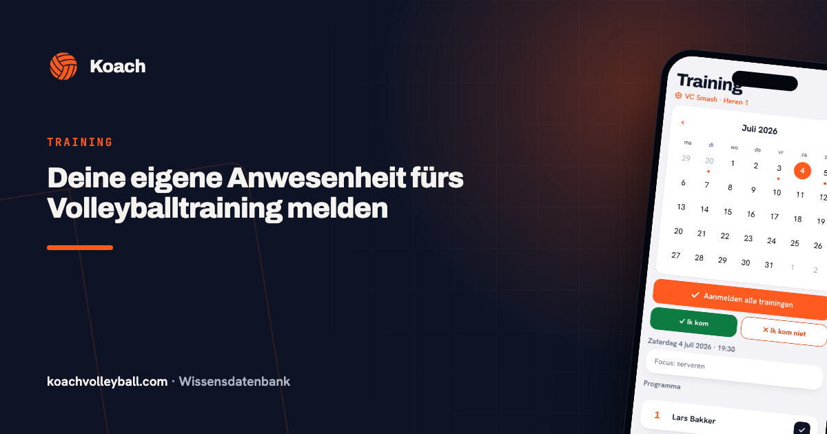 Trainingstab van een speler in de Koach-app met knoppen om je aan of af te melden voor volleybaltraining
