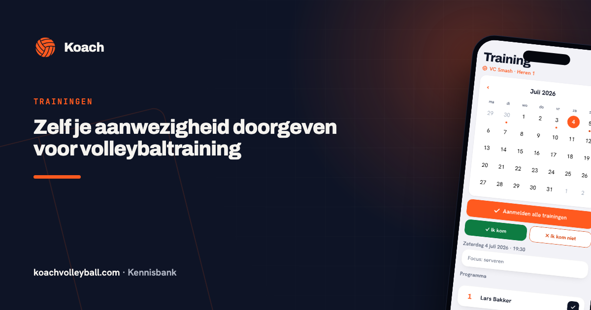 Trainingstab van een speler in de Koach-app met knoppen om je aan of af te melden voor volleybaltraining