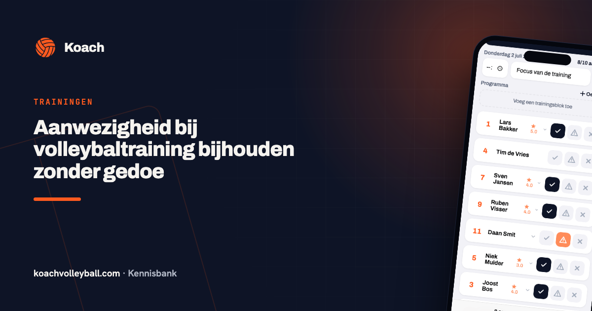 Aanwezigheidslijst van een training in de Koach-app met 8 van 10 spelers aanwezig