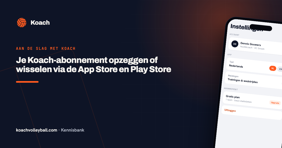 Het abonnementsblok in de instellingen van de Koach-app, met het huidige plan, de status en de knoppen eronder