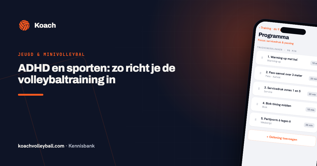 Trainingsprogramma in de Koach-app met genummerde blokken, categorie en tijd per blok