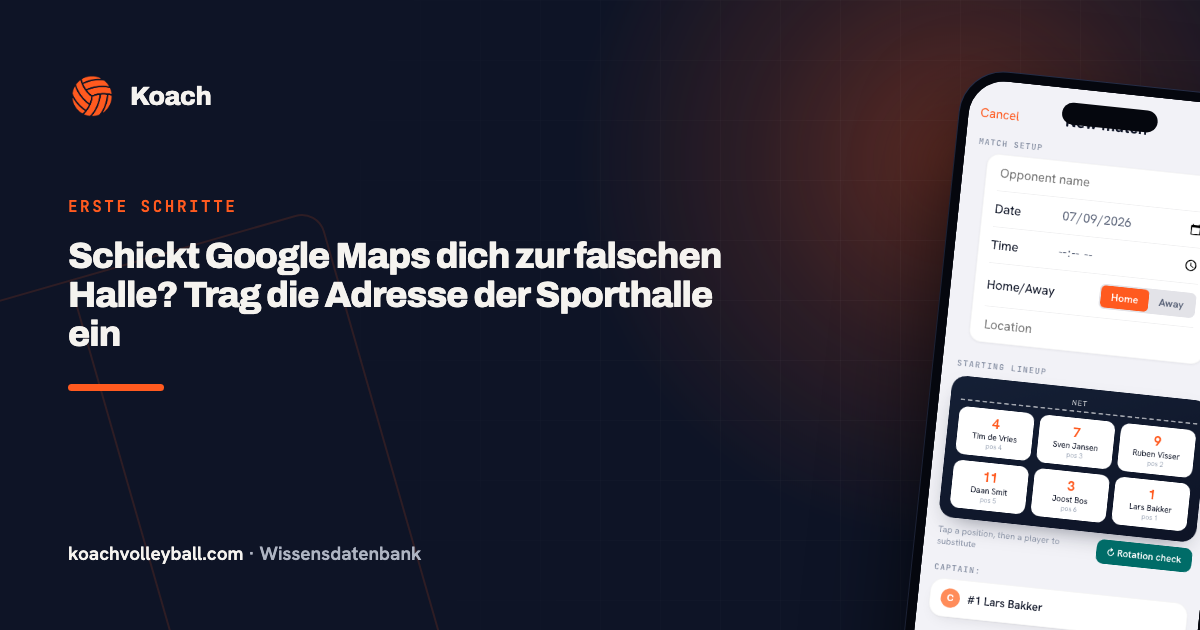 Een wedstrijd plannen in de Koach-app, met de locatie en het optionele adres van de sporthal