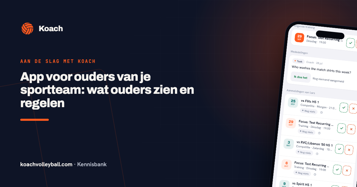 Het dashboard van een ouder in de Koach-app met de volgende training, een taak en de aanmeldingen van het kind