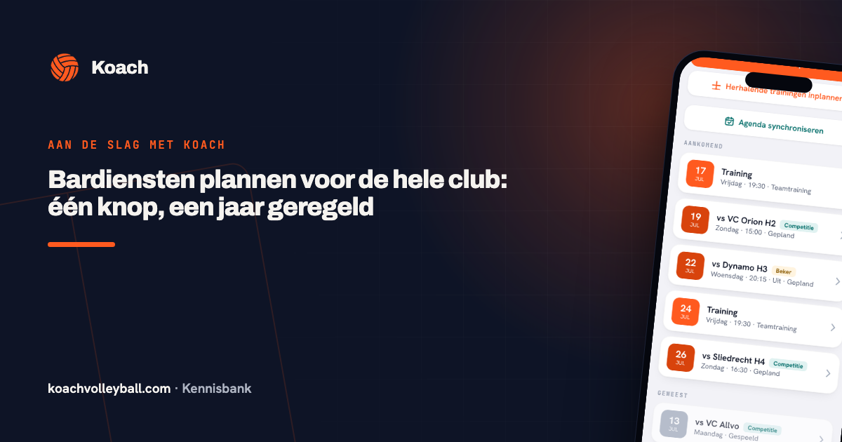 De agenda in de Koach-app met aankomende activiteiten, waaronder de geplande bardiensten