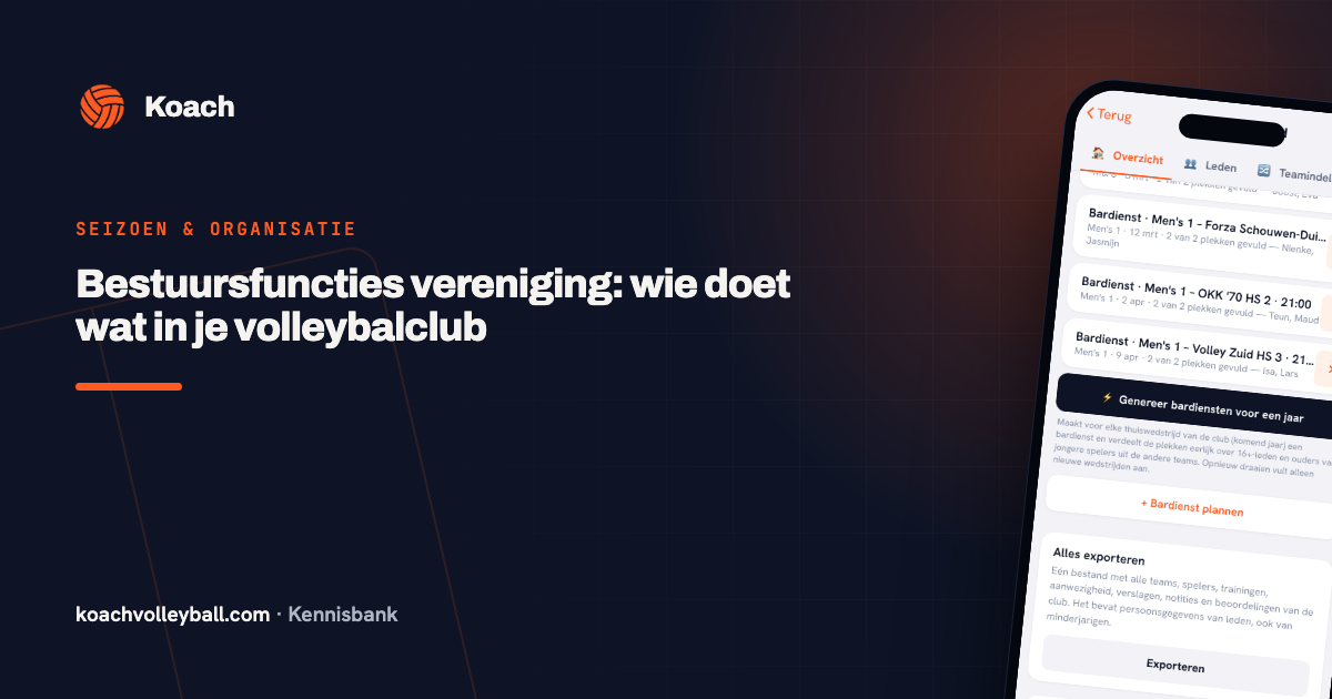 Het clubdashboard in de Koach-app met de bardiensten van de club en het blok Alles exporteren voor het bestuur