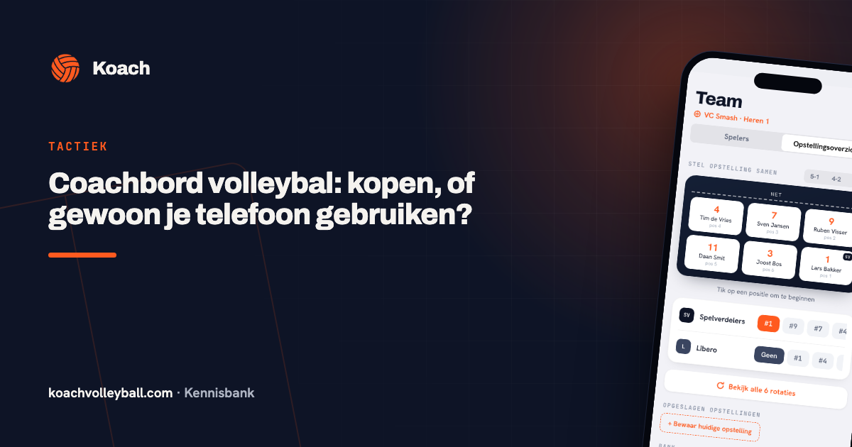 Een leeg volleybalveld op een telefoonscherm, zoals je het langs de lijn voor je hebt