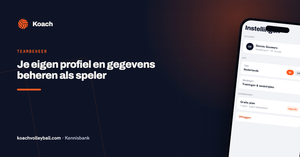 Instellingenscherm in de Koach-app waar een speler zijn spelersprofiel en gegevens beheert