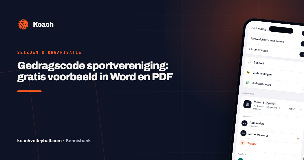 Het profielscherm van de Koach-app met de schakelaar Clubmeldingen en de ingangen Clubmeldingen en Clubdashboard