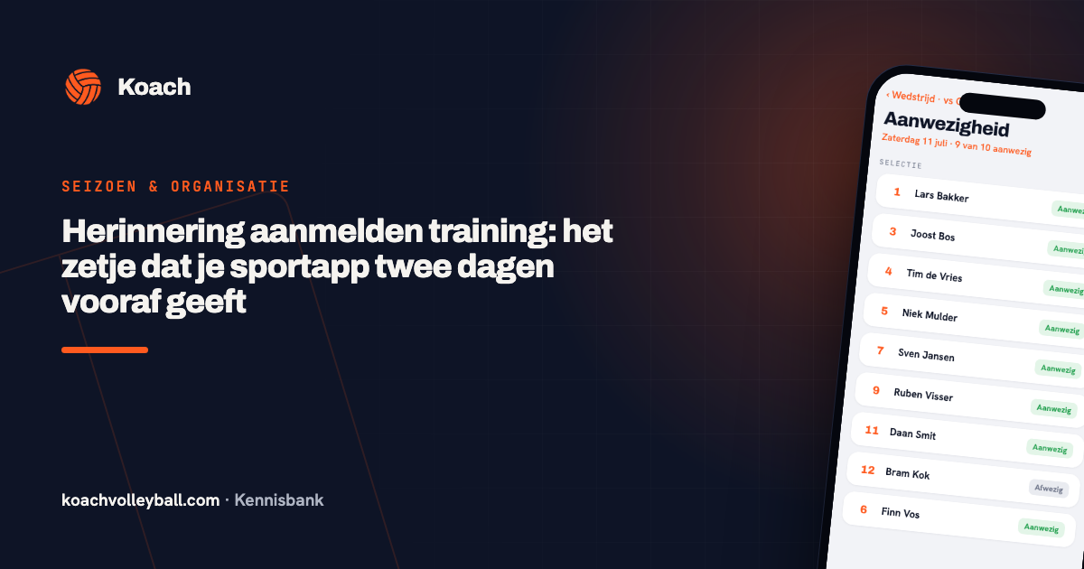 Het aanwezigheidsscherm van een wedstrijd in de Koach-app: de hele selectie op een rij, per speler aanwezig of afwezig, met de teller bovenaan