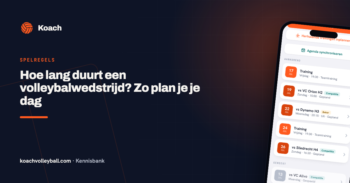 Teamagenda in de Koach-app met de aankomende wedstrijden, per wedstrijd de dag, de aanvangstijd en of het thuis of uit is