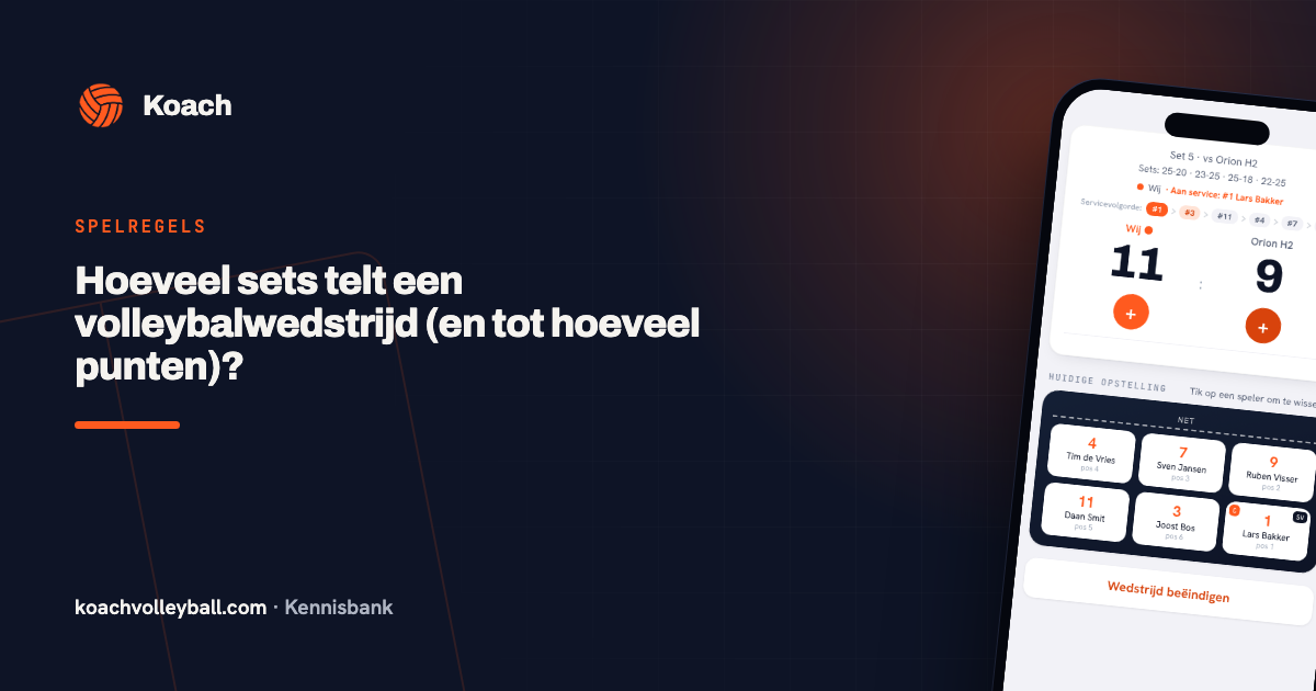 Vijfde set in de Koach-app met de setstand en het beslissende scoreverloop