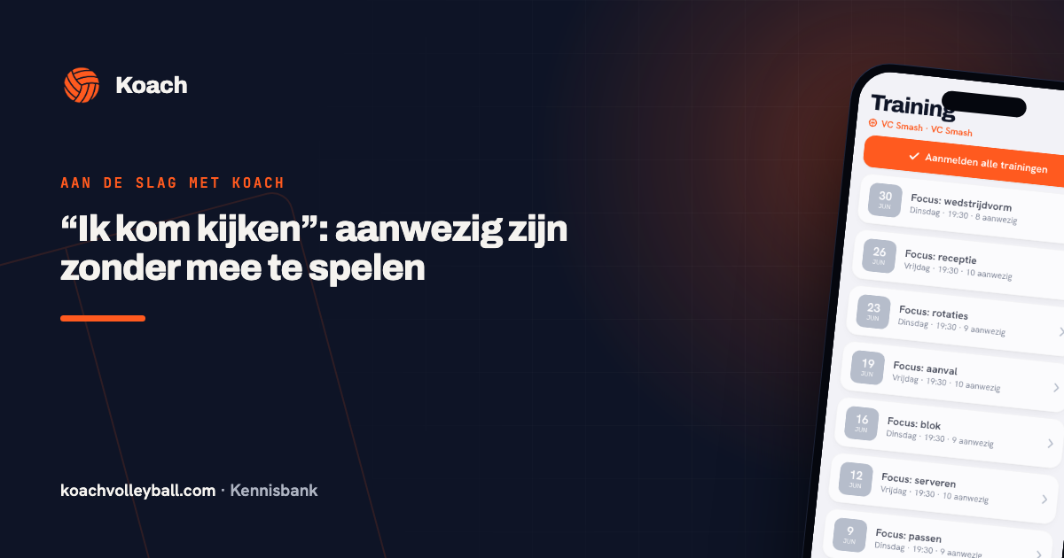 Een speler die zich in de Koach-app aanmeldt voor een wedstrijd, met de knop om als supporter te komen