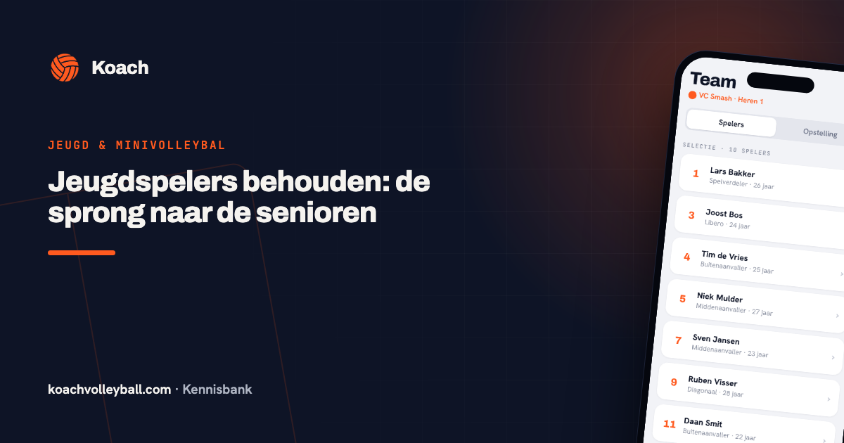 Spelerslijst in de Koach-app met de hele selectie, per speler rugnummer, positie en leeftijd
