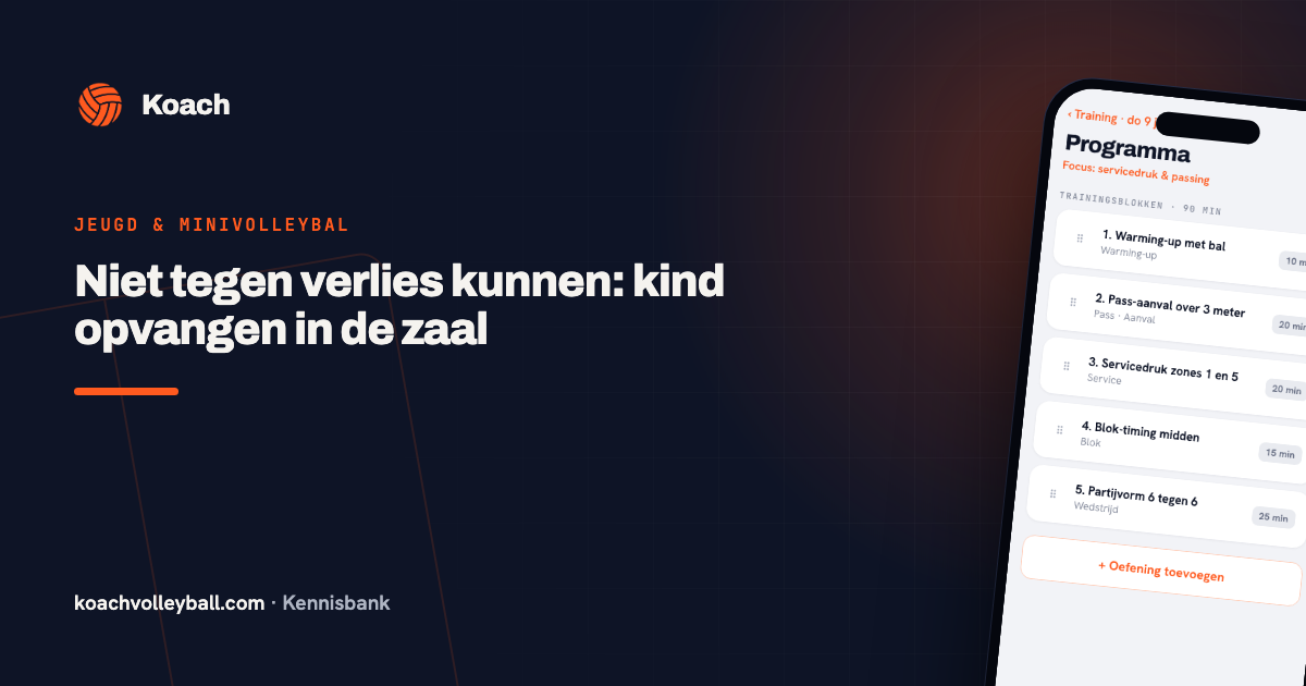 Trainingsprogramma in de Koach-app met genummerde blokken en de tijd per blok voor een jeugdtraining