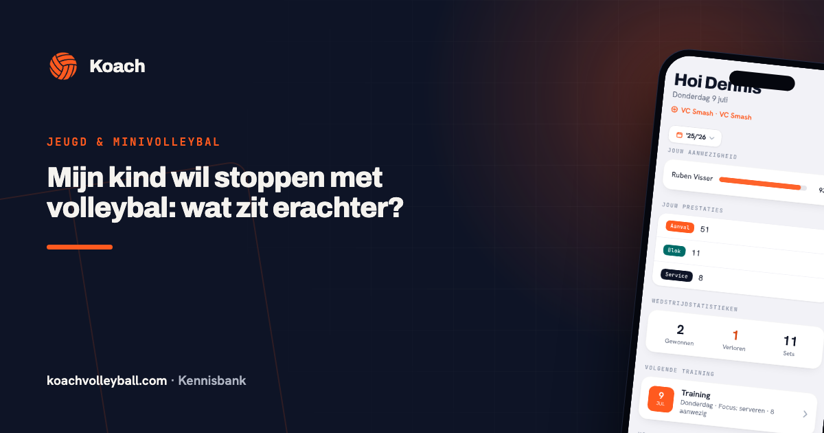 Spelersdashboard in de Koach-app met aanwezigheid, speeltijd en ontwikkeling