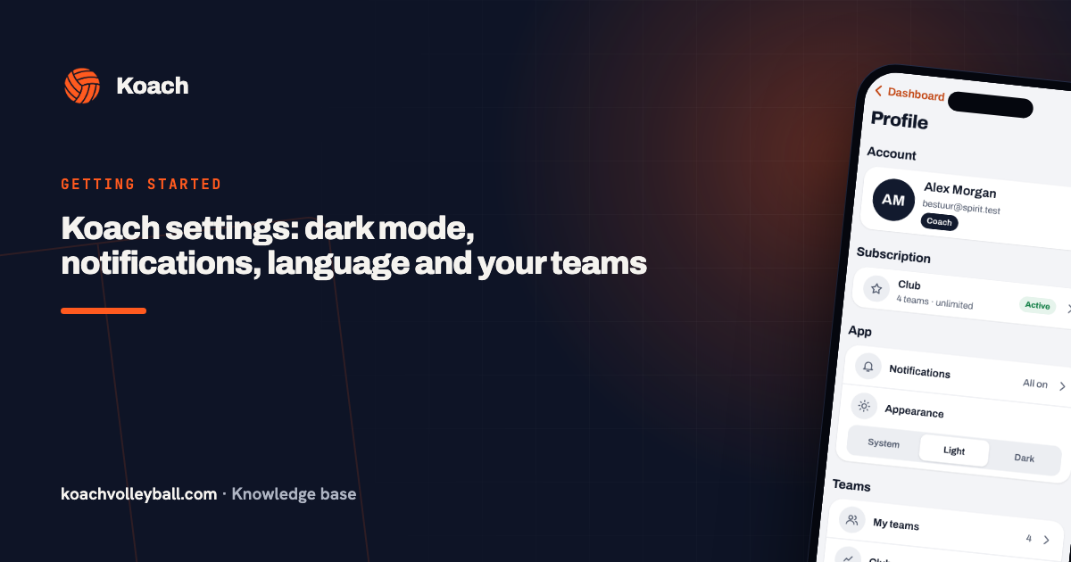 Koach settings: dark mode, notifications, language and your teams