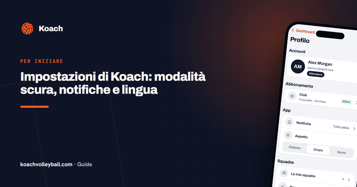 Impostazioni di Koach: modalità scura, notifiche e lingua