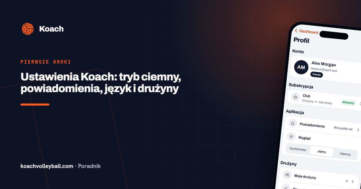 Ustawienia Koach: tryb ciemny, powiadomienia, język i drużyny