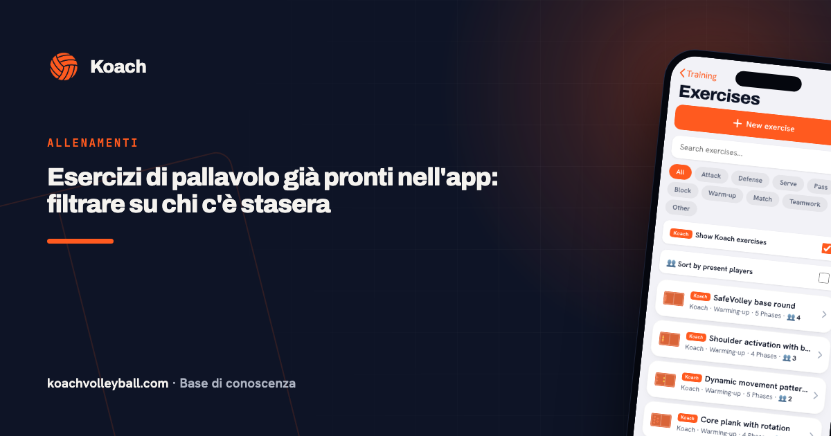 Esercizi di pallavolo già pronti nell'app: filtrare su chi c'è stasera