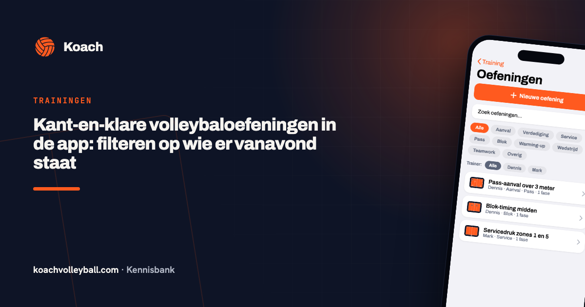 De oefeningenlijst in de Koach-app met een zoekbalk, chips per categorie en oefeningen met hun categorie en aantal fases eronder