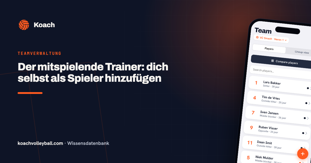 Team-tabblad in de Koach-app waar een meespelende trainer zichzelf als speler toevoegt