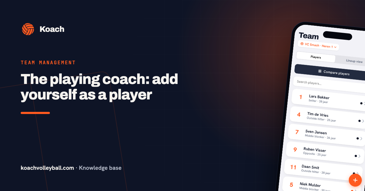 Team-tabblad in de Koach-app waar een meespelende trainer zichzelf als speler toevoegt