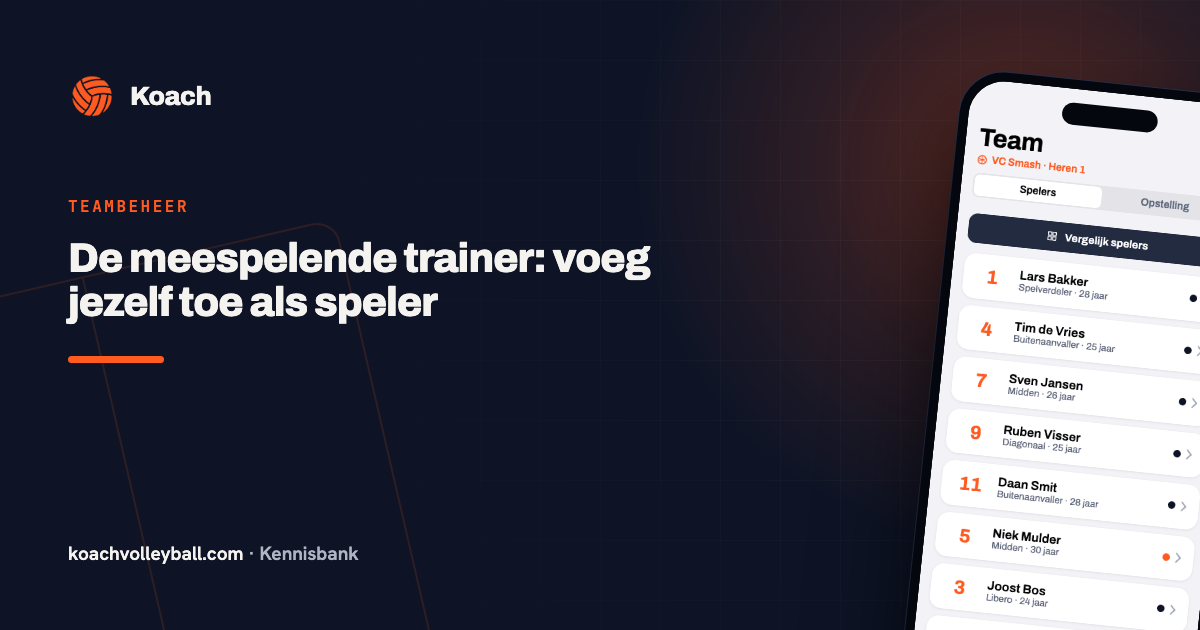 Team-tabblad in de Koach-app waar een meespelende trainer zichzelf als speler toevoegt