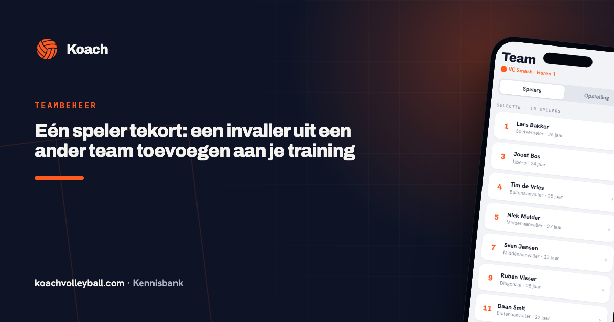 De spelerslijst in de Koach-app, met per speler het rugnummer, de positie en de status
