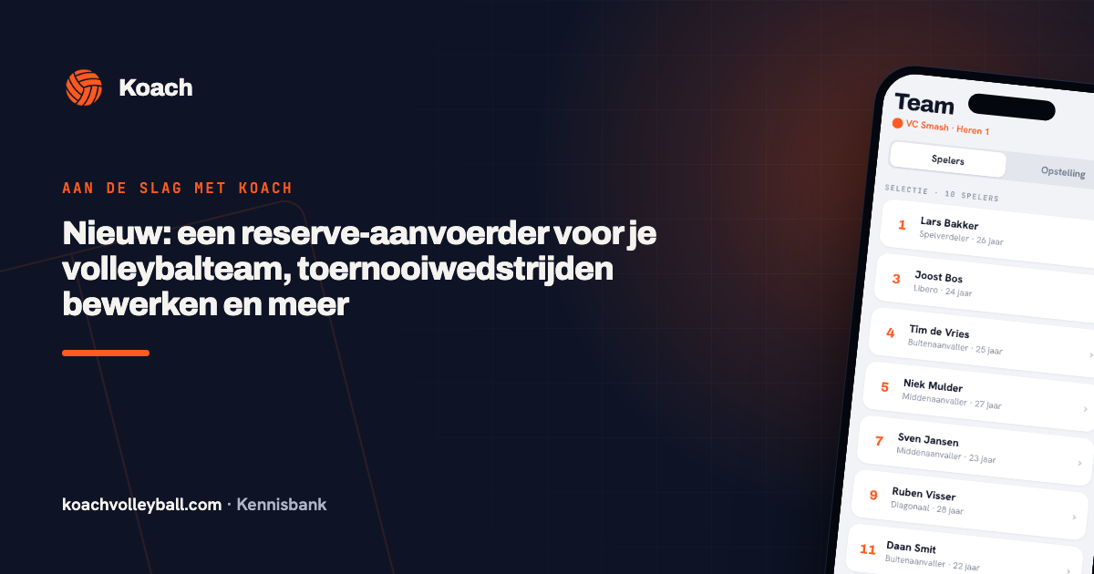 De spelerslijst van de Koach-app waar aanvoerder en reserve-aanvoerder een badge krijgen