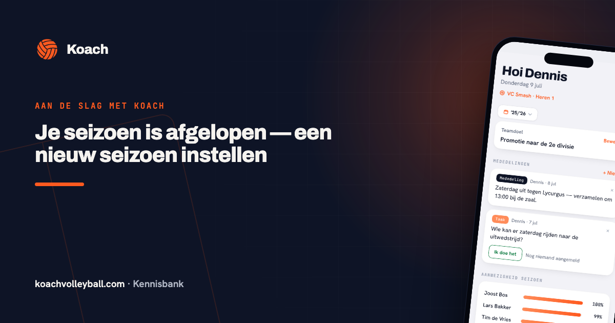 Het dashboard van de Koach-app met de oranje melding dat het seizoen is afgelopen
