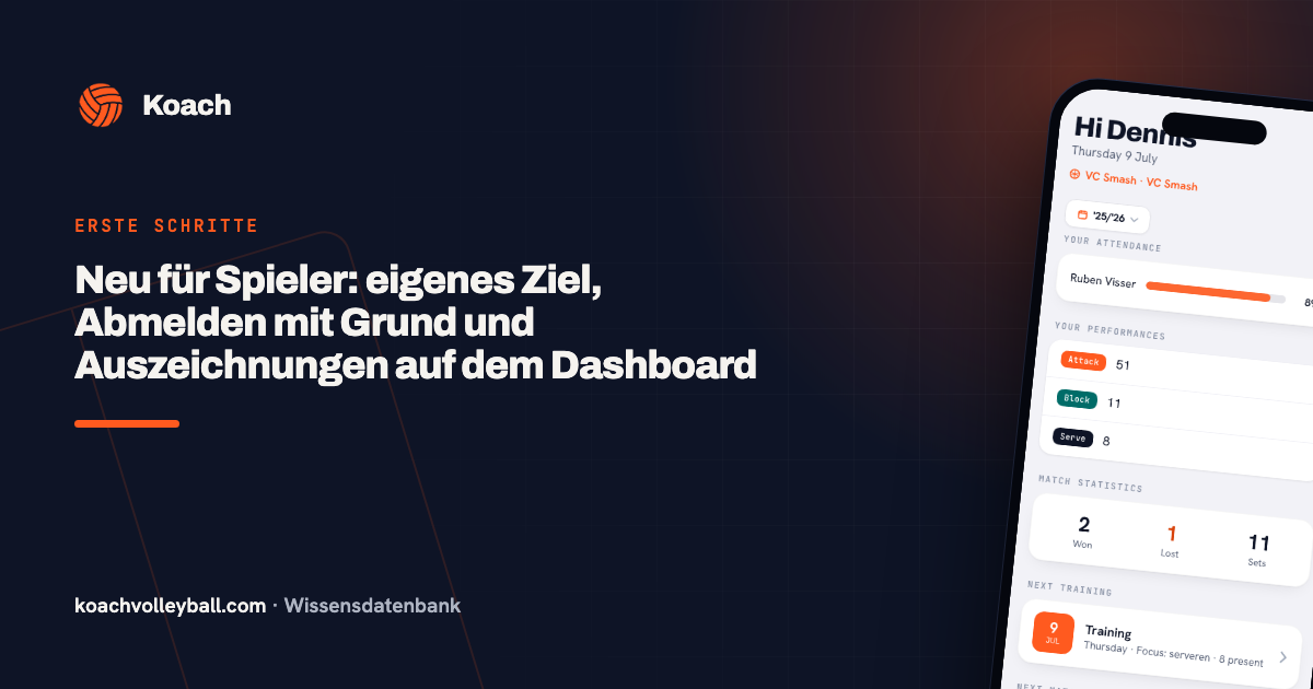 Het spelersdashboard van de Koach-app met eigen statistieken en de volgende training