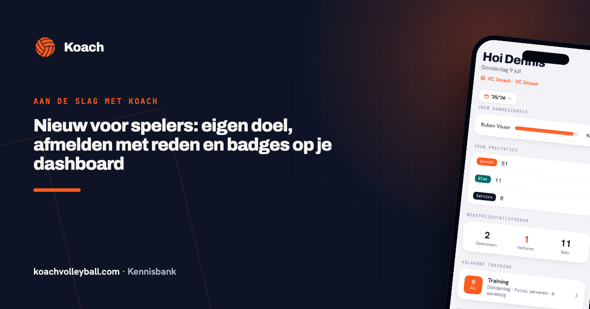 Het spelersdashboard van de Koach-app met eigen statistieken en de volgende training
