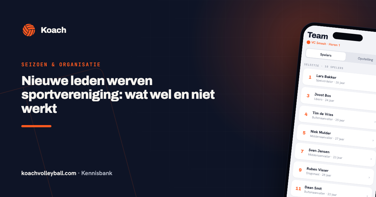 Spelerslijst in de Koach-app met per speler rugnummer en positie, en achter één naam het label meetrainer