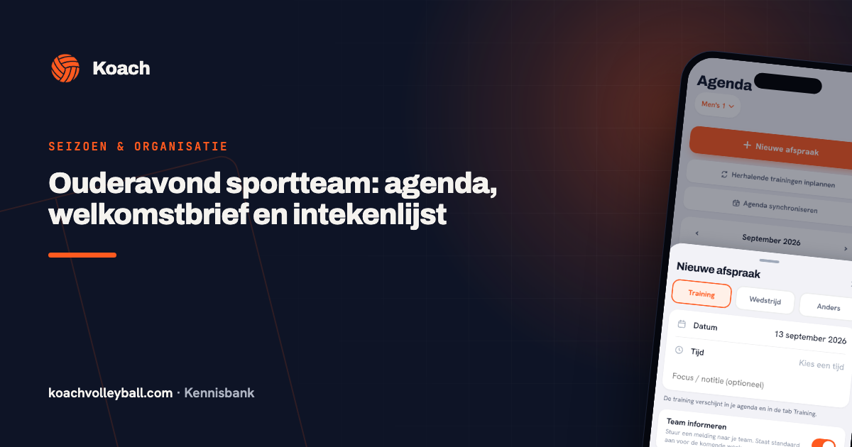 Het venster Nieuwe afspraak in de Koach-agenda met de keuze Training, Wedstrijd of Anders, datum en tijd