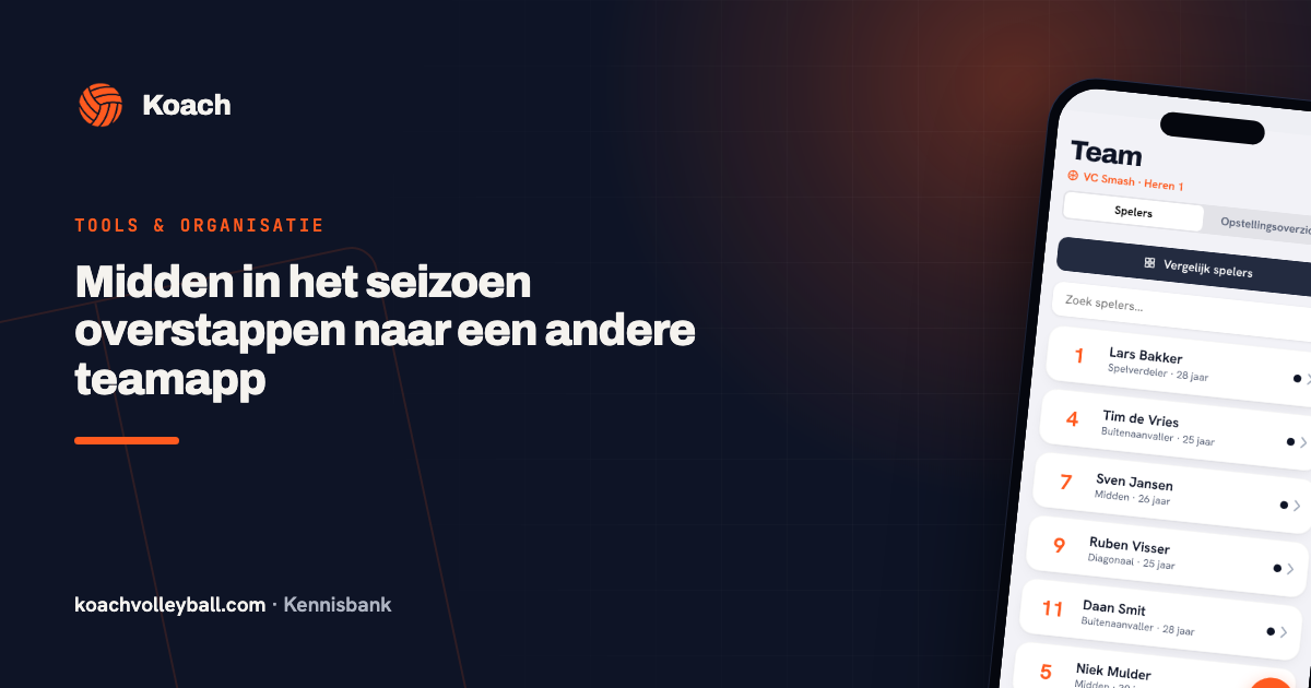 Teamoverzicht in de Koach-app met de spelerslijst van een volleybalteam