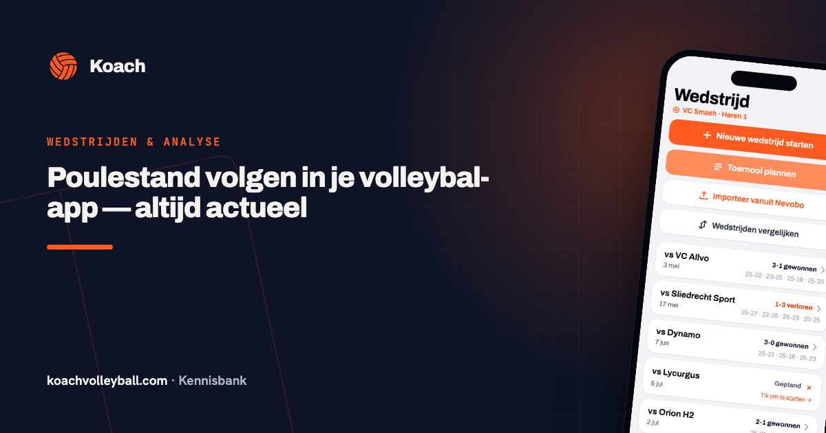 Wedstrijdoverzicht in de Koach-app met de officiële poulestand van het team
