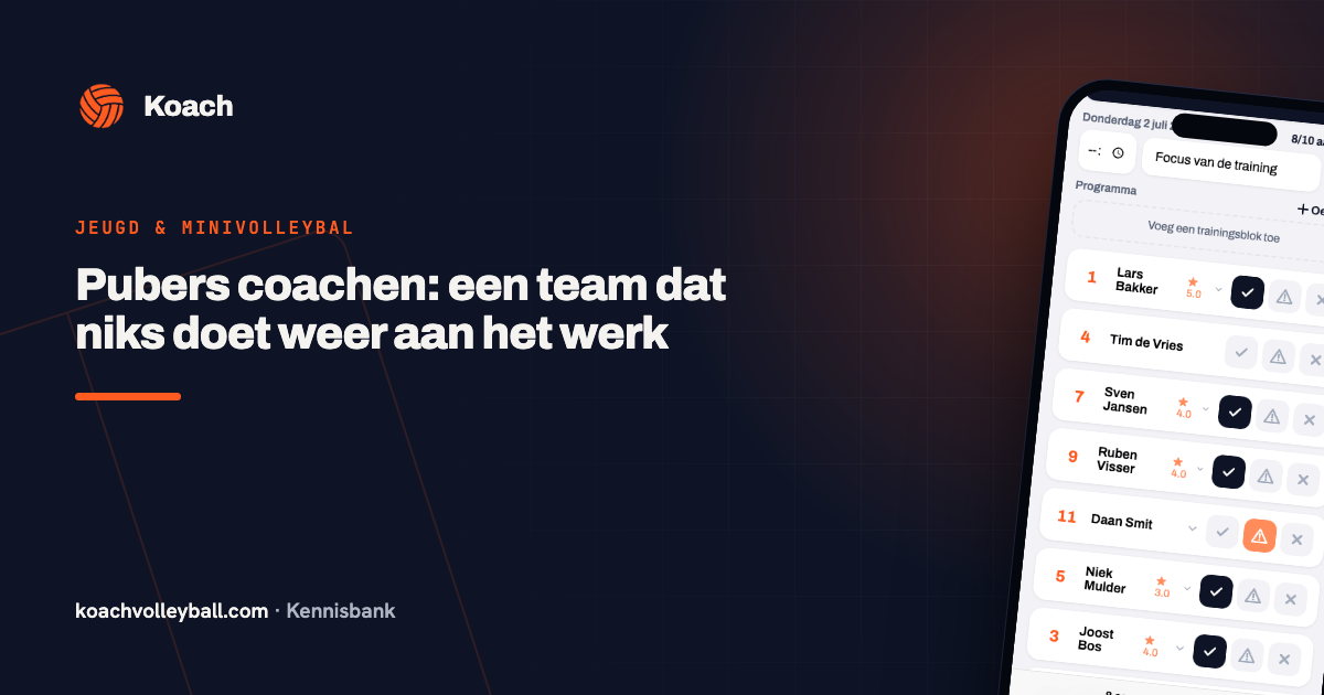 Aanwezigheidsscherm van een training met per speler aanwezig, te laat of afwezig en een inzetscore