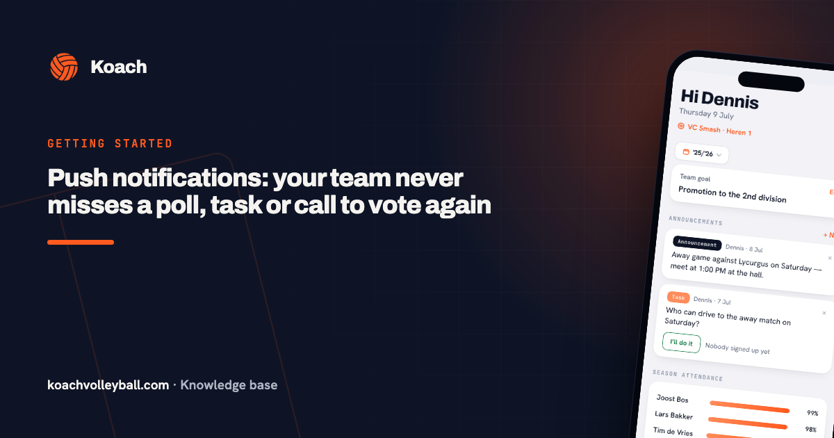 Het Koach-dashboard met de teamfeed waar mededelingen, polls en taken binnenkomen