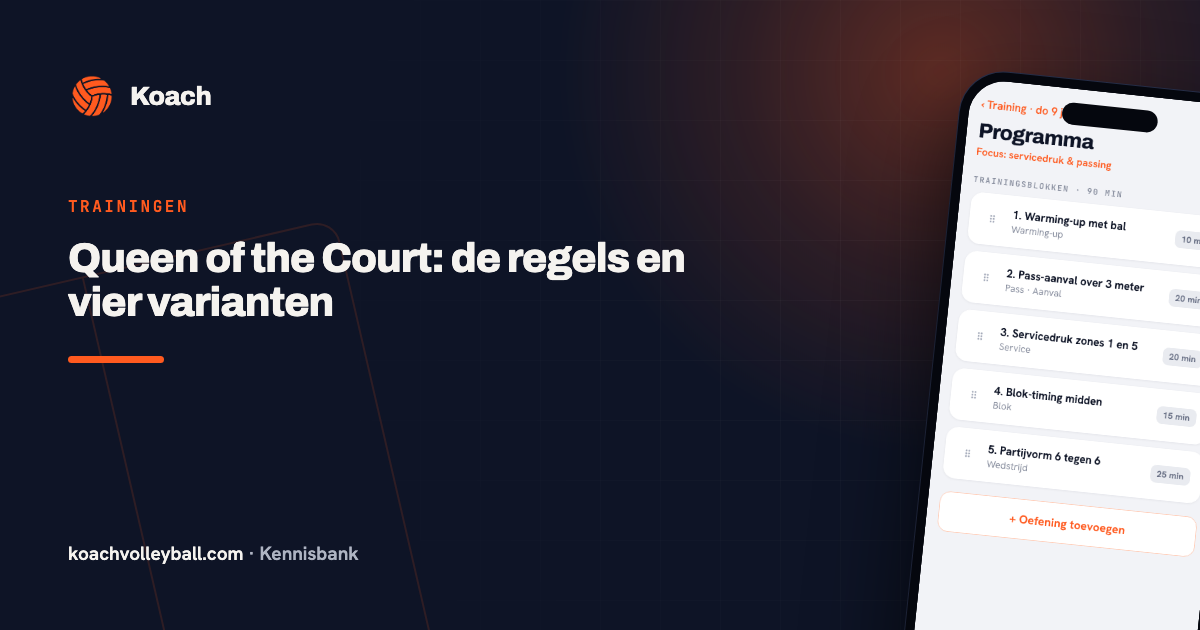 Trainingsprogramma in de Koach-app met blokken en tijden, waaronder een afsluitende partijvorm