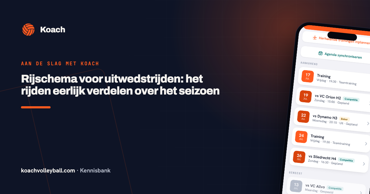 De agenda in de Koach-app met aankomende wedstrijden, waaronder de uitwedstrijden waarvoor het rijschema geldt